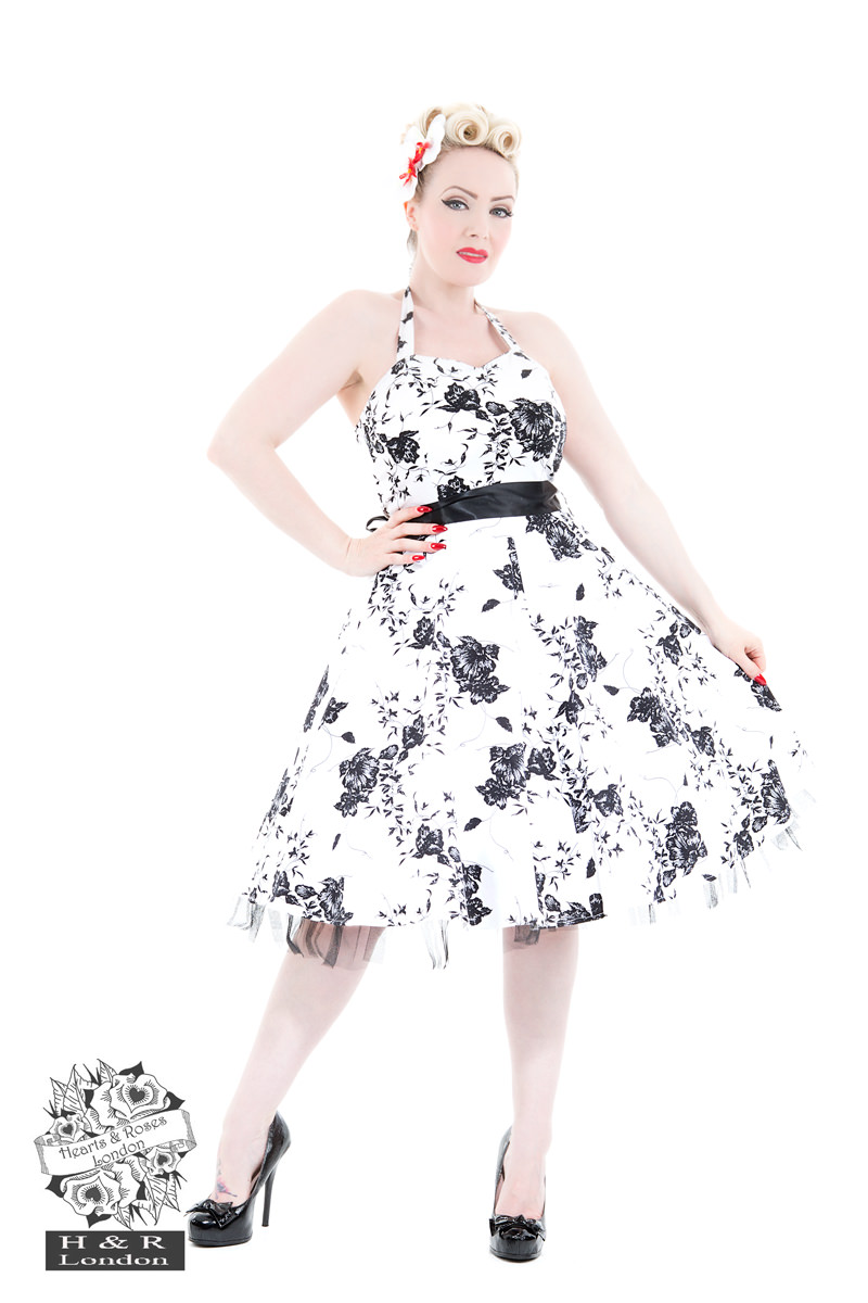 White Black Vintage Floral Prom Dress